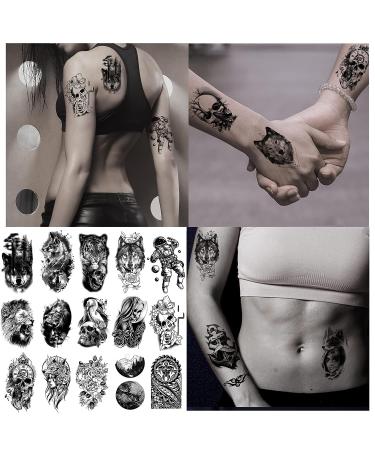 XIYOKA 72 Sheets Temporary Tattoos - 12 Large Black 3D Realistic Forearm Half Sleeve Tiger Lion Wolf Skeleton & Skull Halloween Fake Tattoos - Buy Online on GoSupps.com