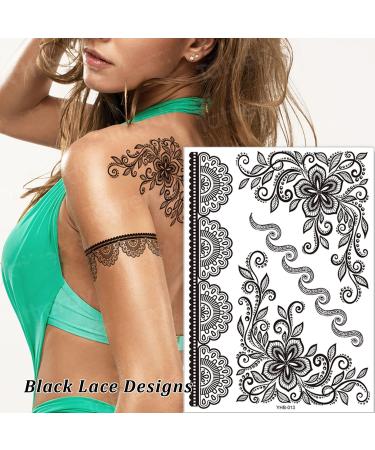 Black Henna Temporary Tattoo Stickers - Lace Pattern Body Art Design for Women - Waterproof and Sexy Mandala Flower Fake Tattoos - 6 Sheets - Buy Online on GoSupps.com