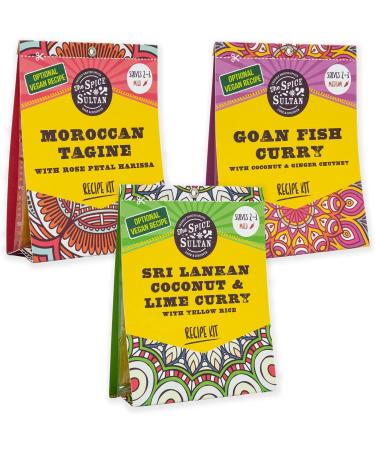 The Spice Sultan World Explorer Kit - 3 Gluten-free Vegan Meal Kits with Recipes: Goan Fish Curry, Moroccan Tagine, Sri Lankan Coconut & Lime Curry - Buy Online on GoSupps.com
