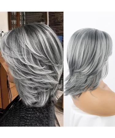 Jolelyne Silver Gray Ombre Layered Wig with Curtain Bangs - Synthetic Short Bob Wig for Black Women - Grey 02 - Buy Online on GoSupps.com