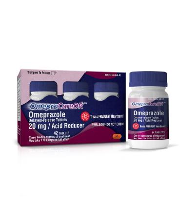 OmepraCareDR 42 Count Tablets Omeprazole 20mg Acid Reducer for Heartburn (14 Tablets/Bottle) One 3-Pack Carton for Three 14-Day Treatments, Delayed-Release Tablets
