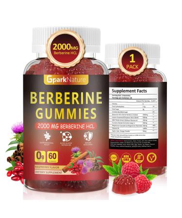 Berberine Gummies 2000 mg, Berberine Supplement with Ceylon Cinnamon, Turmeric, Milk Thistle, Magnesium, Chromium for Immune Support, Sugar Free, Vegan, Raspberry Flavor, 60 Count-1 Pack Raspberry 60 Count (Pack of 1)