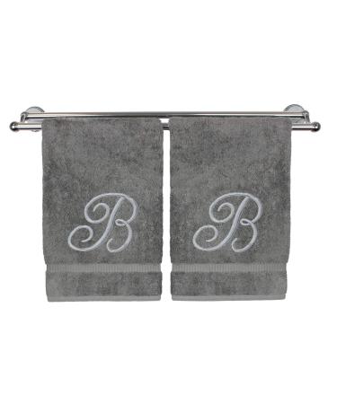 Monogrammed Hand Towel, Personalized Gift, 16 x 30 Inches - Set of 2 - Silver Embroidered Towel - Extra Absorbent 100% Turkish Cotton- Soft Terry Finish - for Bathroom, Kitchen and Spa- Script B Gray Initial B Gray