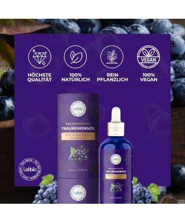 Lebbio Grapeseed Oil 100ml 100% Natural Cold Pressed - Grapeseed Oil - Natural Moisturizing Care - For Hair Skin Massage Face Beard & Aromatherapy - Omega 3 - Buy Online on GoSupps.com