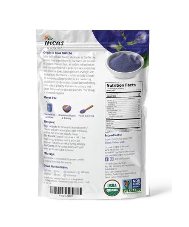 Incas USDA Organic Butterfly Pea Flower Powder - Non-GMO Blue Matcha Tea & Food Coloring from Thailand | Vegan - Buy Online on GoSupps.com