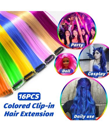 16Pcs Blue Clip in Hair Extensions 22 Inch - Colorful Highlights for Girls & Women - Heat-Resistant Synthetic Hair Accessories - Ideal for Parties - Buy Online on GoSupps.com