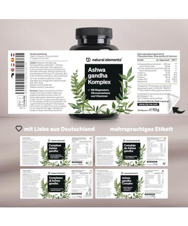 Ashwagandha Complex 600mg - 120 Vegan Capsules with KSM-66 Lemon Verbena Magnesium Folic Acid & Vitamins C B6 B12 - High Dose - Made in Germany - Buy Online on GoSupps.com