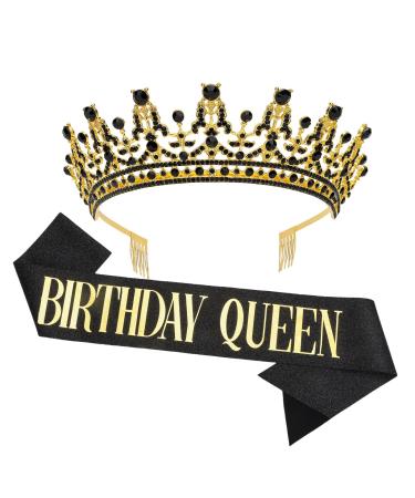 GAFATORY Black Gold Birthday Queen Crown and Sash Birthday for Women Birthday Crowns Decorations Birthday Tiara and Sash for Women Princess Tiara with Comb Princess Crown Girl Tiara Party for Girls