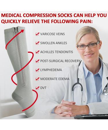 Ailaka Zipper Compression Socks 15-20 mmHg for Women Men - Knee High Open Toe Support - XXL Pure Grey - 1 Pair - Buy Online on GoSupps.com