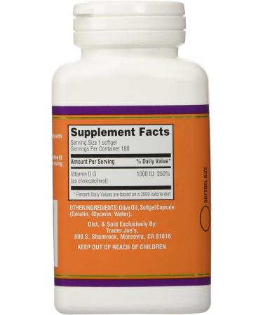 Trader Joe's Vitamin D-3 1000iu 180 Softgels - Natural Supplement for Bone Health | Shop Now - Buy Online on GoSupps.com