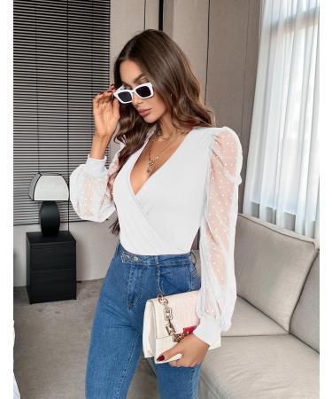 Fayenne Womens Tops Deep V Neck Cross Wrap Sexy Tops Polka Dot Mesh Long Sleeve T Shirt Casual Blouses M White - Buy Online on GoSupps.com