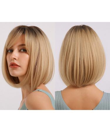 FIFIGO Blonde Bob Wig with Bangs Short Hair Wigs for Women Ombre Blonde Wig Straight Wig Synthetic Natural Heat Resistant Fiber Side Part Wigs as Real Hair 14 inches for Daily Wear, Party, Costume, Cosplay Gold