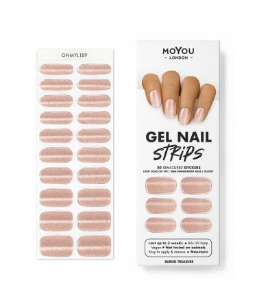 Moyou London Half -hardened UV Gel Strips - 20 pieces - Gel -nail films UV hardening for manicure in salon quality - set with nail file & wood -nail shaker - buried treasure