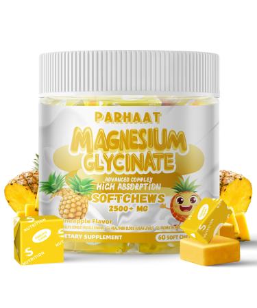 Magnesium Glycinate Soft Chews Pineapple Flavor.Chewable Sugar Free Potassium Magnesium Chews with Magnesium Glycinate Vitamin D B6 and CoQ10 for Calm Support & Sleep for Adults 60 Days Supply