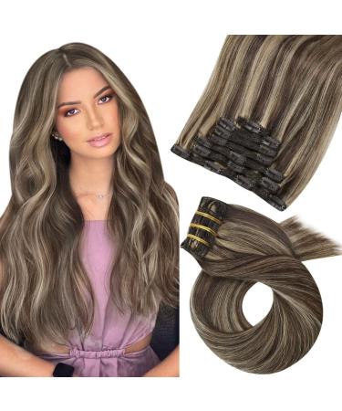 Moresoo Clip in Hair Extensions Real Human Hair Dark Brown with Caramel Blonde Hair Extensions Clip in Real Hair 22 Inch Human Hair Clip in Extensions 7 Pieces/120g #P4/27 55 cm #P4/27