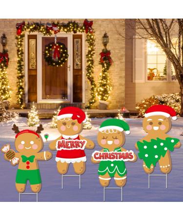 4Pcs Large Merry Christmas Gingerbread Man Yard Sign with Stakes,Gingerbread man Lawn Sign Colorful Lawn Patio Yard Decorations for Holiday Party Home Lawn Pathway Walkway Decorations Supplies Multi