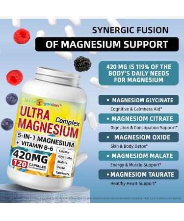 5-in-1 Magnesium Complex 420mg - Added Vitamin B6 - High Absorption - Chelated Magnesium Glycinate Malate Citrate Taurate & Oxide for Nerves Muscles Bones 120 Capsules | Magnesium Supplement - Buy Online on GoSupps.com