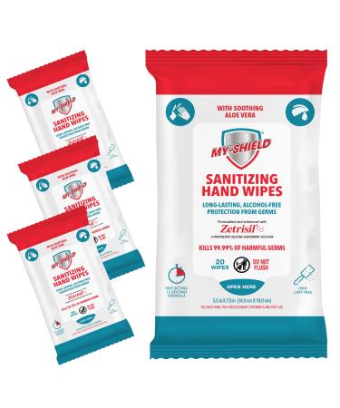 My-Shield Sanitizing Hand Wipes - Travel Pack - 20 Count (4-pack) Alcohol-Free Long-lasting Protection. Kills 99.9% of Germs. Moisturizes With Aloe Vera. Formulated with Zetrisil.