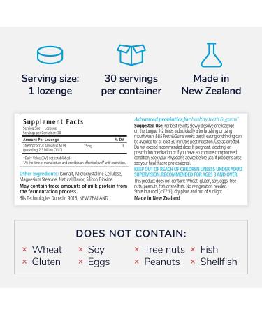 BLIS Teeth & Gums Oral Probiotics Lozenges for Mouth - Most Potent M18 Formula Available 2.5 Billion CFU - Mouth Probiotic for Tooth and Gum Health Adults and Kids - 30 Day Supply - Buy Online on GoSupps.com