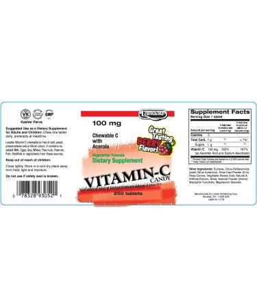 Landau 100mg Chewable Vitamin C Candy - Great Tasting Berry Flavor - 250 Tablets - Kosher & Made in The USA - for Kids & Adults - Buy Online on GoSupps.com