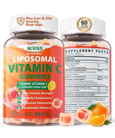 Liposomal Vitamin C 1000mg Gummies for Adults - Vitamin C Chewable 1500mg with 8mg Iron Zinc & Elderberry - Immune Support Immune Booster Supplement - for Energy Collagen Booster 1Pack Sugar Free 60 Count (Pack of 1)