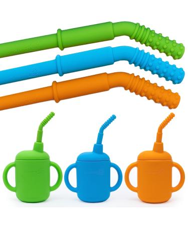 LITTLE SKIPPER Transition Sippy Cups for Baby 6+ Months with Teething Straw (Dual Teething Tube with Stopper)  Silicone Toddler Cups with Straw. Babies Hollow Teething Stick  Toddler Training Cup  3pk