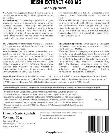 Cupplement - Reishi Extract Capsules 60 pieces - Extract 20:1 - Organic - 400 MG per capsule - Powder Free - Supplement - Superfood - Mushroom - Mushroom - Buy Online on GoSupps.com