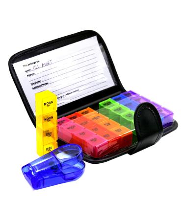 Small to Medium Sized Easy Open 7 Day Travel Pill Organizer Box Weekly Case Prescription & Medication Vitamin Organizer Rainbow Reminder Daily (with Tablet Cutter)
