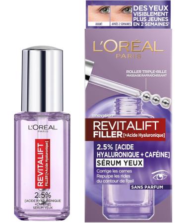 L'Or al Paris - Anti-Wrinkle Eye Care Ritual - With Hyaluronic Acid & Caffeine - 1x Triple-Ball Roller Serum (20 ml) & 2x Sheet Masks - Revitalift Filler - Buy Online on GoSupps.com
