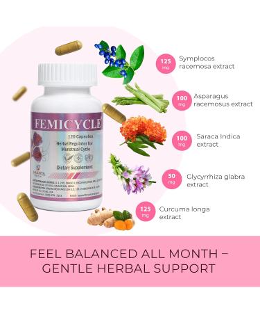 FEMICYCLE Herbal Supplement for Women PMS Hormonal & Menstrual Cycle Support Lodh Tree Ashoka Asparagus Licorice & Turmeric Period Wellness Formula 120 Vegan Capsules - Buy Online on GoSupps.com