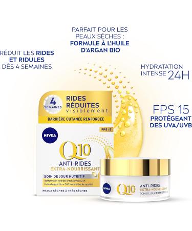 NIVEA Q10 Power Anti-Wrinkle Day Cream + Extra-Nourishing (1x50ml) Face care SPF 15 enriched with organic Argan Oil & natural Q10 Day Cream for Dry to Very Dry Skin - Buy Online on GoSupps.com