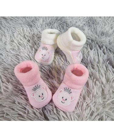 Royal Icon 2 x Pairs Baby Booties 0-3 Months | Soft & Stylish Newborn Slippers | Ideal for Indoor & Outdoor Use | White Pink Teddy Design - Buy Online on GoSupps.com