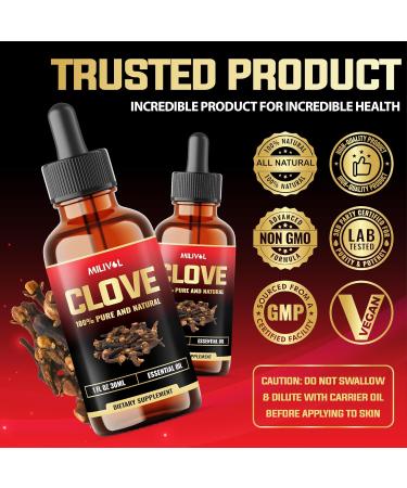 MILIVOL Clove Oil for Teeth and Gums- 10% Pure Natural Clove Essential Oil for Toothache, Sore Muscles, Skin & Hair Care - Soothing Clove Bud Essential Oil - 1Fl Oz - Buy Online on GoSupps.com