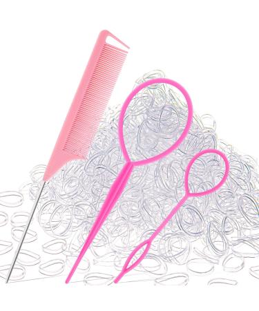 1000Pcs Clear Elastic Hair Rubber Bands  Soft And Small Hair Elastics Ties for Girls And Women  2pcs Topsy Tail Hair Tools Hair loop Styling Tool 1Pcs Rat Tail Combs for Hair styling Pink Schembo white