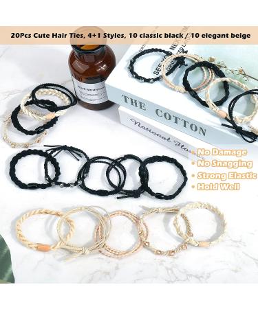 Mity Rain 20 Pcs Crystal Boho Hair Ties Set for Women & Girls - No Damage Elastic Ponytail Holders - 5 Cute Styles for Thick & Thin Hair - Black/Beige - Buy Online on GoSupps.com