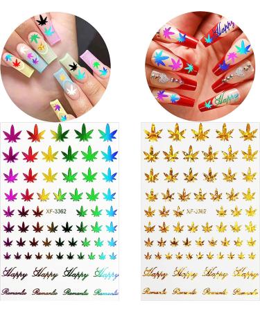 12 Sheets Pot Leaf Nail Art Stickers | Self-Adhesive 3D Maple Leaf Decals for Fall Nail Art | Glitters, Flakes & Colorful Weed Design - Buy Online on GoSupps.com
