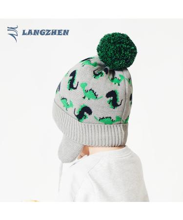 LANGZHEN Toddler Kids Infant Winter Hat Earflap Knit Fleece Beanie - Grey-Green Dinosaur Design | 1-2 Years - Buy Online on GoSupps.com