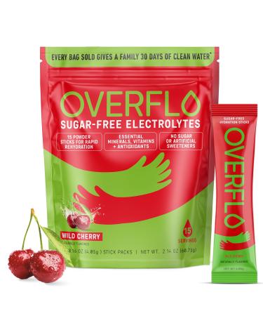 Overflo Electrolyte Powder Packets Sugar Free Hydration Mix with Coconut Water Magnesium & Potassium Instant Clean Electrolytes for Recovery Overflow with Wellness Wild Cherry 15 Packets