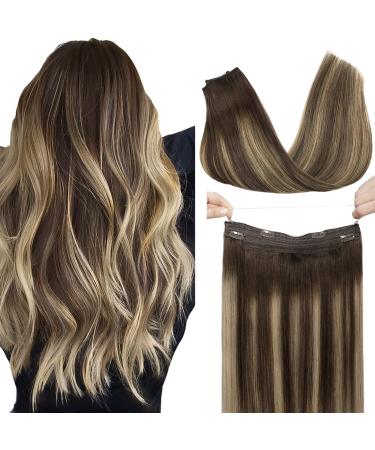 GOO GOO Halo Hair Extensions Human Hair Ombre Chocolate Brown to Honey Blonde 70g 14 Inch Hairpiece Natural Real Hair Extensions Flip in Hidden Crown Hair Extensions with Invisible Fish Line Straight 14 Inch-75g 4/26/4 ...