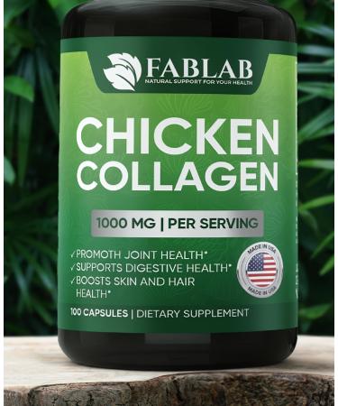 FabLab Chicken Collagen Type II Supplement - Nutritional Supplement for Joint, Nerve & Bone Support - Non-GMO, Anti-Aging Dietary Product with Hydrolyzed Peptides- 100 Capsules Chicken Collagen 100 capsules