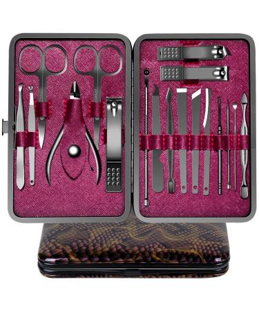 Manicure Set Professional Pedicure Care Kit Nail Clippers Tools- Stainless Steel Women Grooming Kit 18Pcs for Travel or Home (Fuchsia) Black/Fuchsia