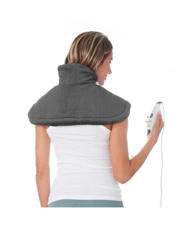 Pure Enrichment PureRelief Neck and Shoulder Heating Pad - 4 Heat Settings, Magnetic Closures, Soft Micromink, Auto Shut-Off, Storage Bag, Machine Washable and Universal Fit Collar (Gray) Grey