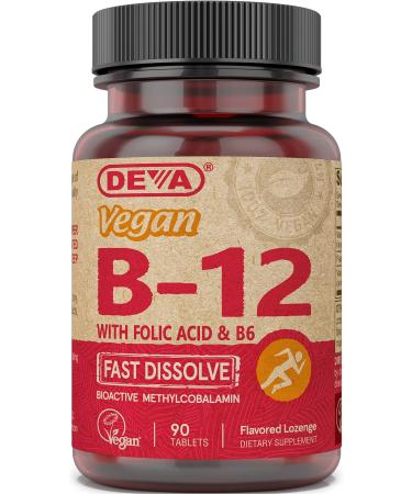 Deva Vegan Vitamin B12 Fast Dissolve Supplement - Once-Per-Day Complex with 1000 Mcg Methylcobalamin B12, Folic Acid, B6 - Lemon Flavor - 90 Dissolvable Tablets, 1-Pack