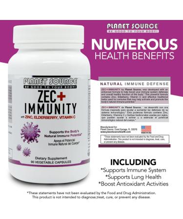 Planet Source ZEC+ Immunity - Adult Vitamins with Zinc Elderberry and Vitamin C - Natural Elderberry Immune Support Supplement for Healthy Living - 90 Count Veggie Capsules - Buy Online on GoSupps.com