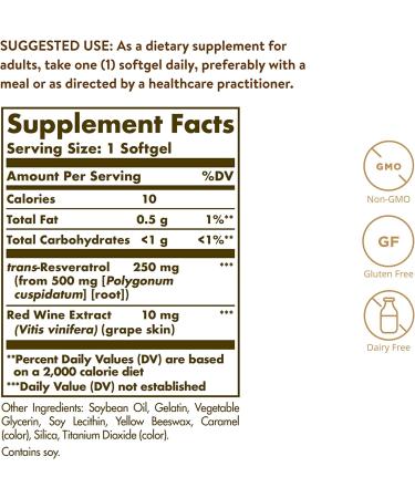 Solgar Resveratrol 250 mg - 60 Softgels | Antioxidant Support & Wellness - Buy Online on GoSupps.com