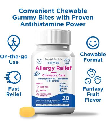 CalmCo Adult Allergy Relief with Diphenhydramine HCl 25 mg - Chewable Antihistamine for Sneezing Runny Nose & Itchy Eyes Nighttime Allergy Medicine for Ages 12+ Fantasy Fruit Flavor 20 Count - Buy Online on GoSupps.com