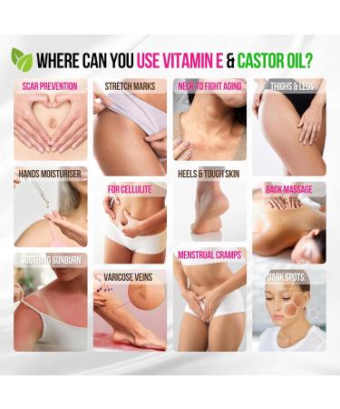 Organic Vitamin E Oil for Scars Stretch Marks Wrinkles & Cellulite - Natural Hydrating Skincare with Castor Rosehip & Jojoba - Face & Body Treatment - Buy Online on GoSupps.com