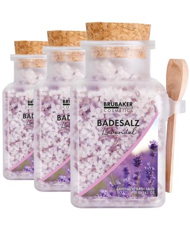 Brubaker swimming salt 3x 400 g - lavender fragrance - bathing additive with flowers and natural extracts - wellness bathing for relaxation relaxation and body care with practical wood measuring spoon