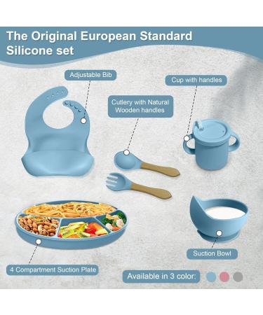 Silicone Baby Self-Feeding Set - Divided Suction Plate, Bowl, and Sippy Cup - Blue - Buy Online on GoSupps.com