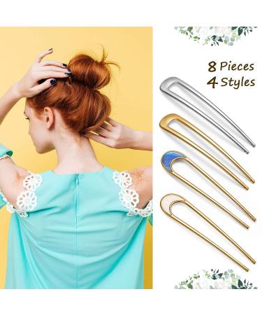 8 Metal U Shaped Hair Pins in Gold and Silver for Women and Girls - Hair Fork, French Hair Pin, Chignon Pins, Hair Chopsticks - Hair Accessories - Buy Online on GoSupps.com